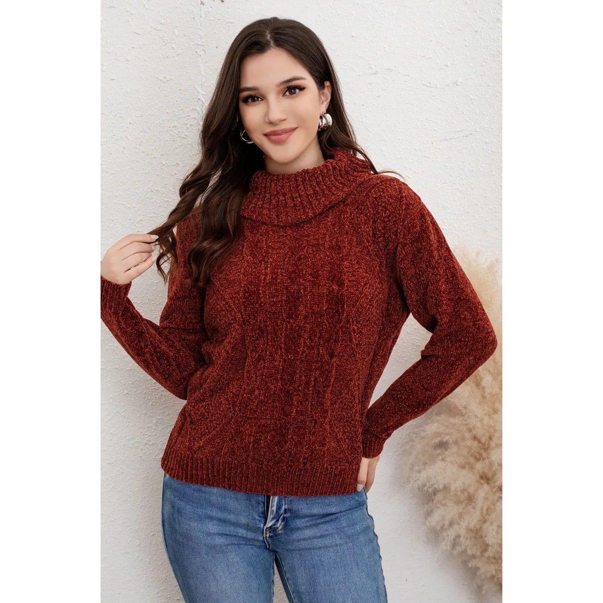 LIKE SHOP - Sweater Mujer Cuello Beatle Algodón Chenille Tejido Invierno Trenzas 6004