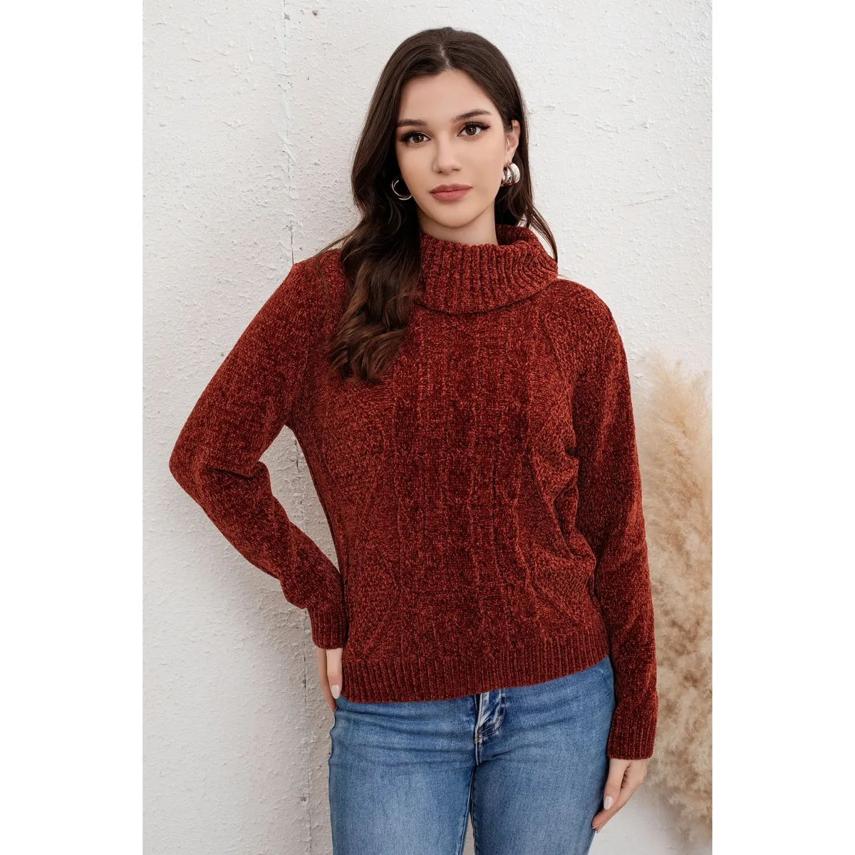 LIKE SHOP - Sweater Mujer Cuello Beatle Algodón Chenille Tejido Invierno Trenzas 6004
