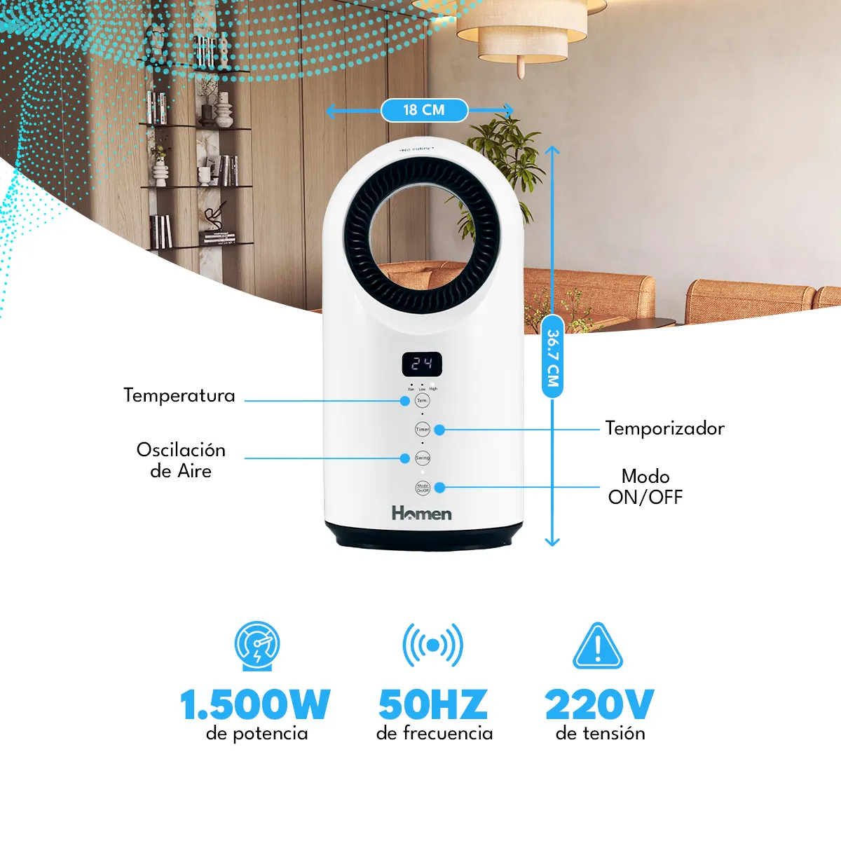 HOMEN - Estufa Calefactor Oscilante Homen 1500W con Control Remoto