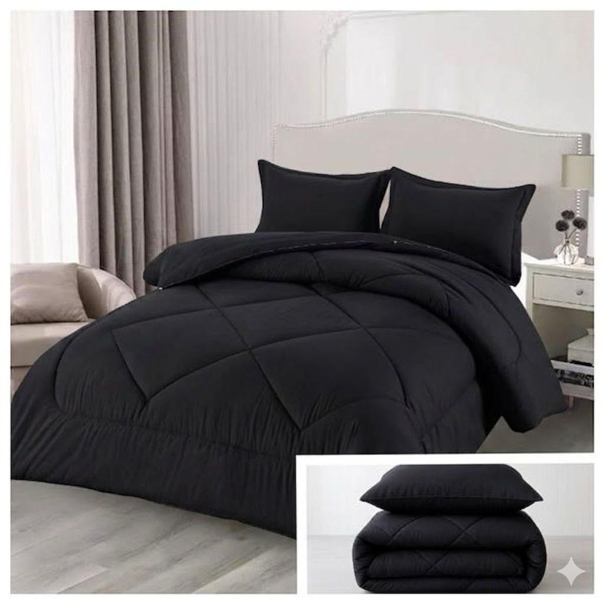 GENERICO - Edredon Nordico con Funda de Almohada Suave y Ligero 1,5 Plaza - Color Negro