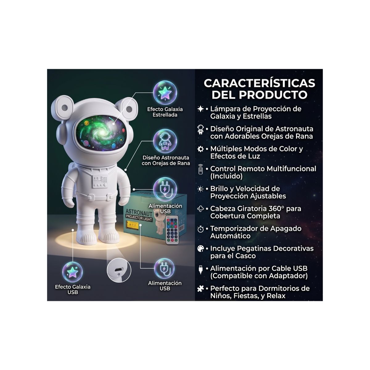 GENERICO - Lámpara Proyector De Estrellas Galaxia Astronauta Con Control Remoto USB