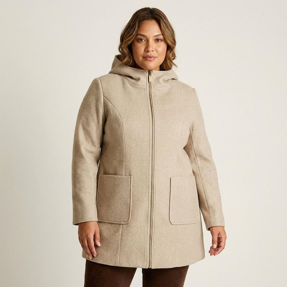 LORENZO DI PONTTI - Abrigo beige con capucha y cierre frontal