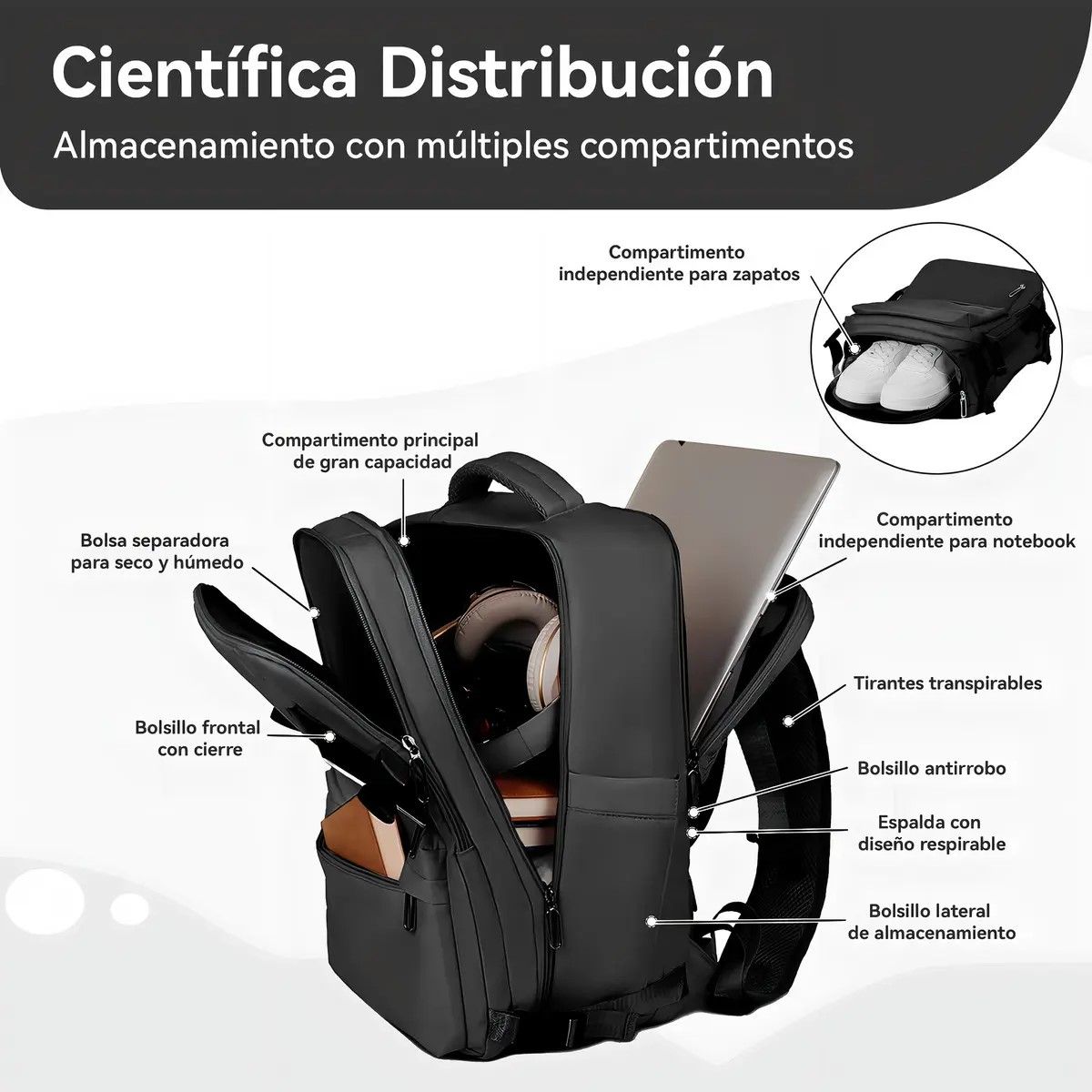 GENERICO - Mochila para Viaje  Impermeable con Puerto USB y Antirrobo, 35 L BELUG