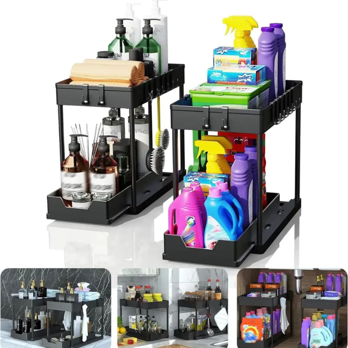 GENERICO - Organizador Multifuncional de 2 Niveles Baño Cocina Negro Pack 2 de