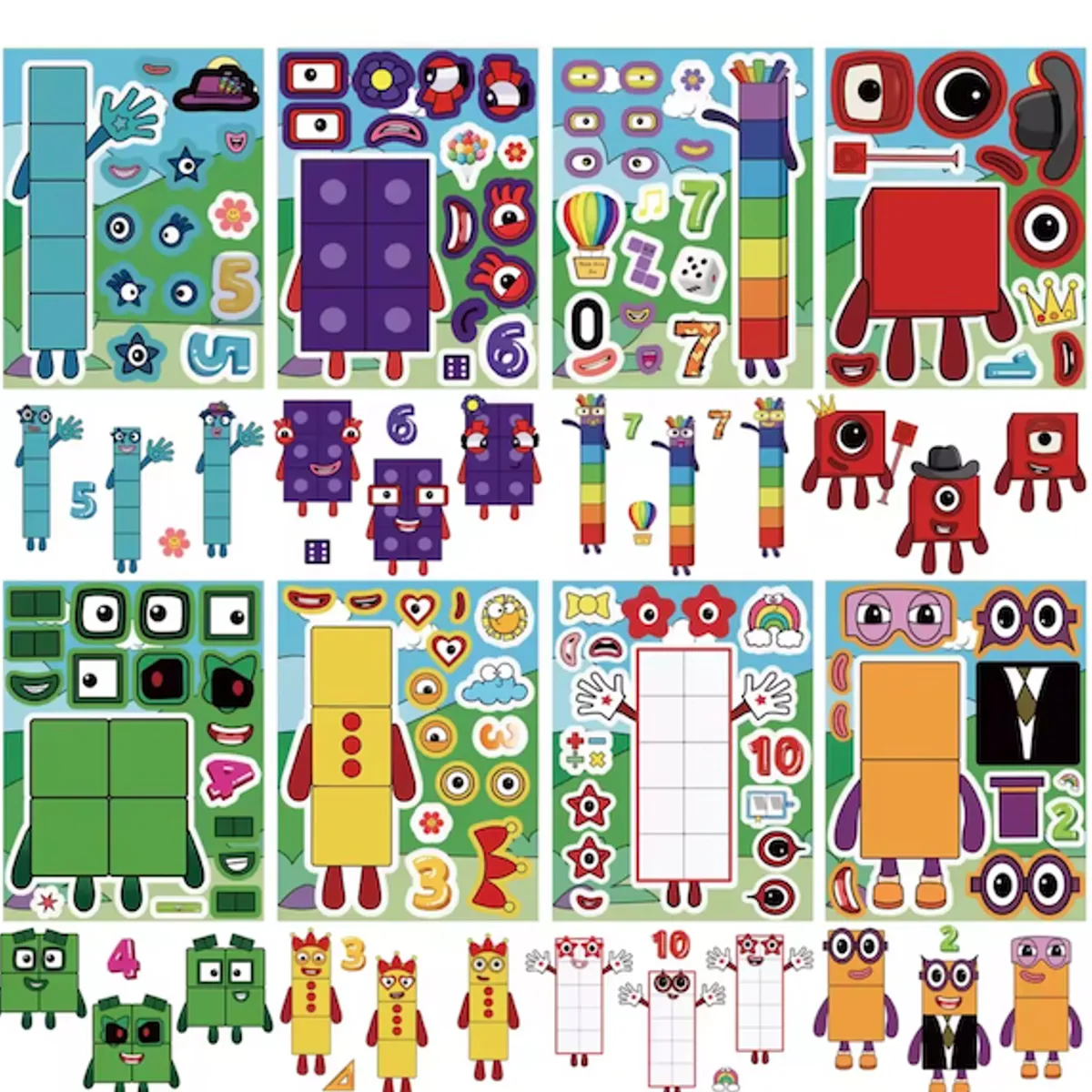 GENERICO - Set Stickers Armables Numberblocks 8 Hojas Pegatinas Fans