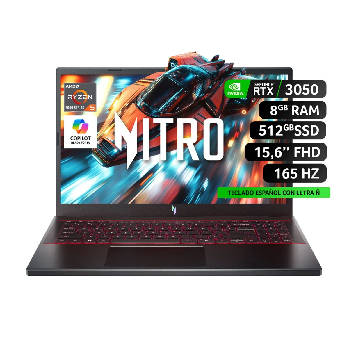 ACER - Notebook Gamer Acer Nitro ANV15-41-R6HJ-1 AMD Ryzen 5 RTX3050 8GB RAM 512GB SSD 15.6" FHD 165Hz