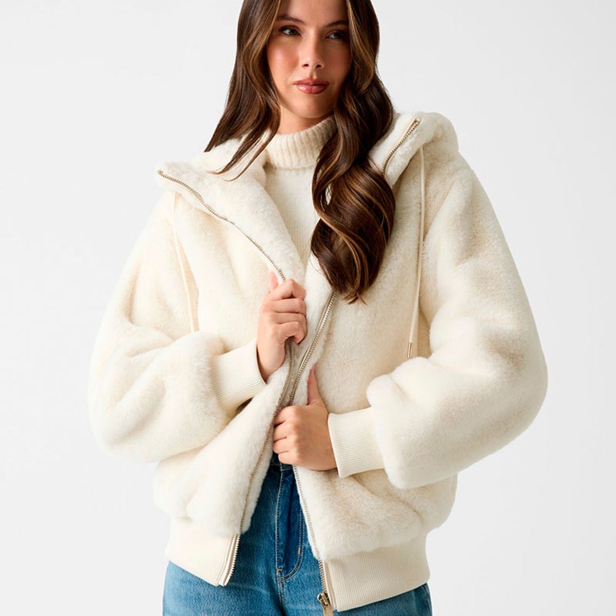GUESS - Chaqueta Lucrezia Faux Fur Logo Blanco