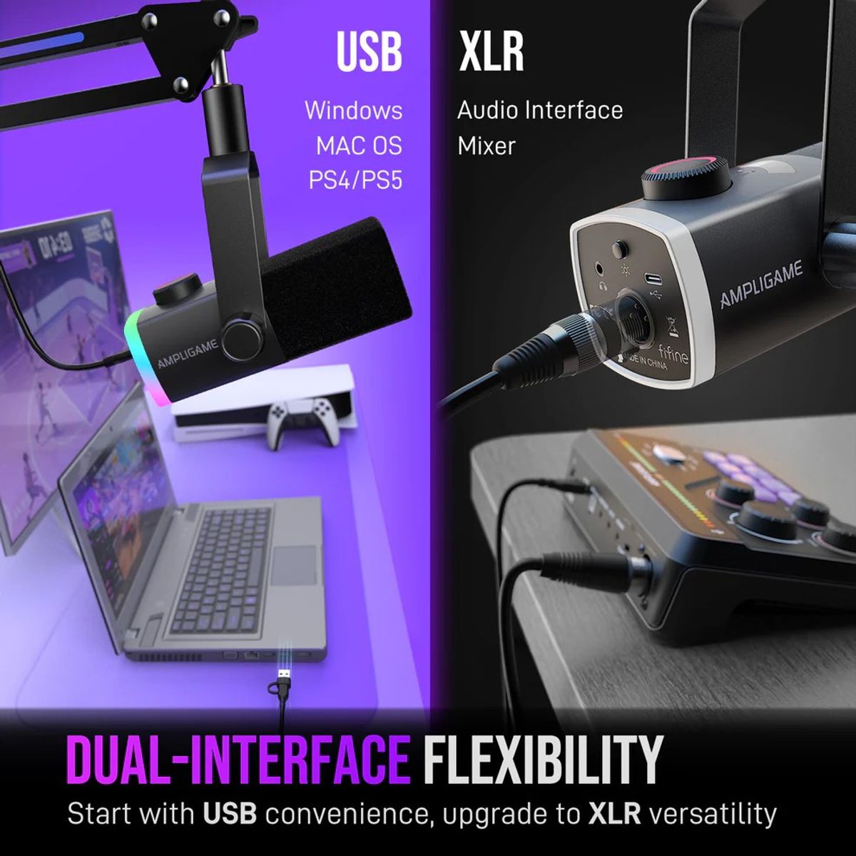 FIFINE - Microfono Fifine AM8PROT USB XLR Dinamico RGB Con Brazo Podcast Streaming Gaming Estudio Profesional