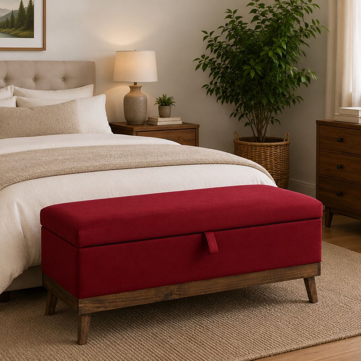 GENERICO - Banqueta con Baúl Rojo Felpa MaxiCosas120x40x50 cm Tapizada con Almacenaje