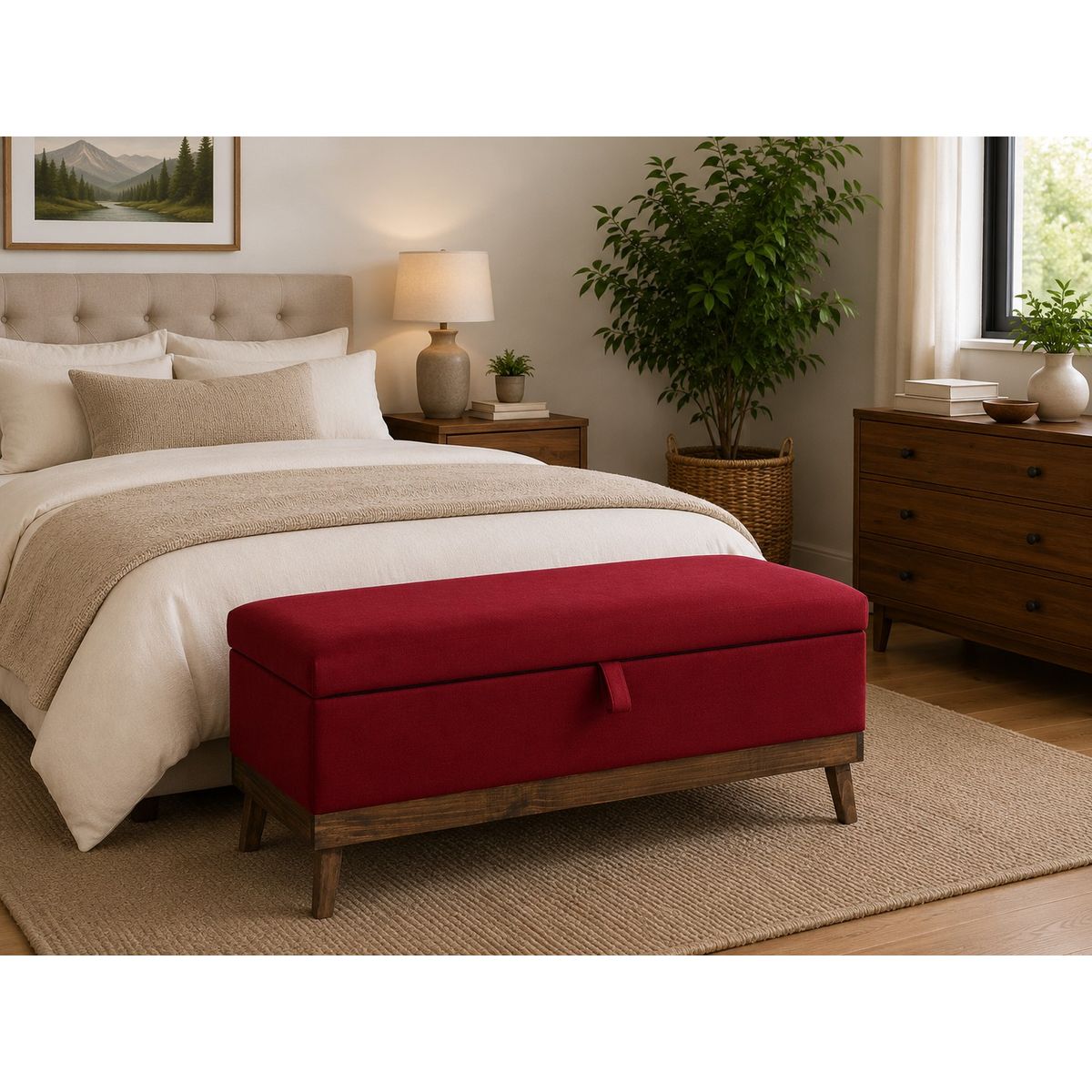 GENERICO - Banqueta con Baúl Rojo Felpa MaxiCosas120x40x50 cm Tapizada con Almacenaje