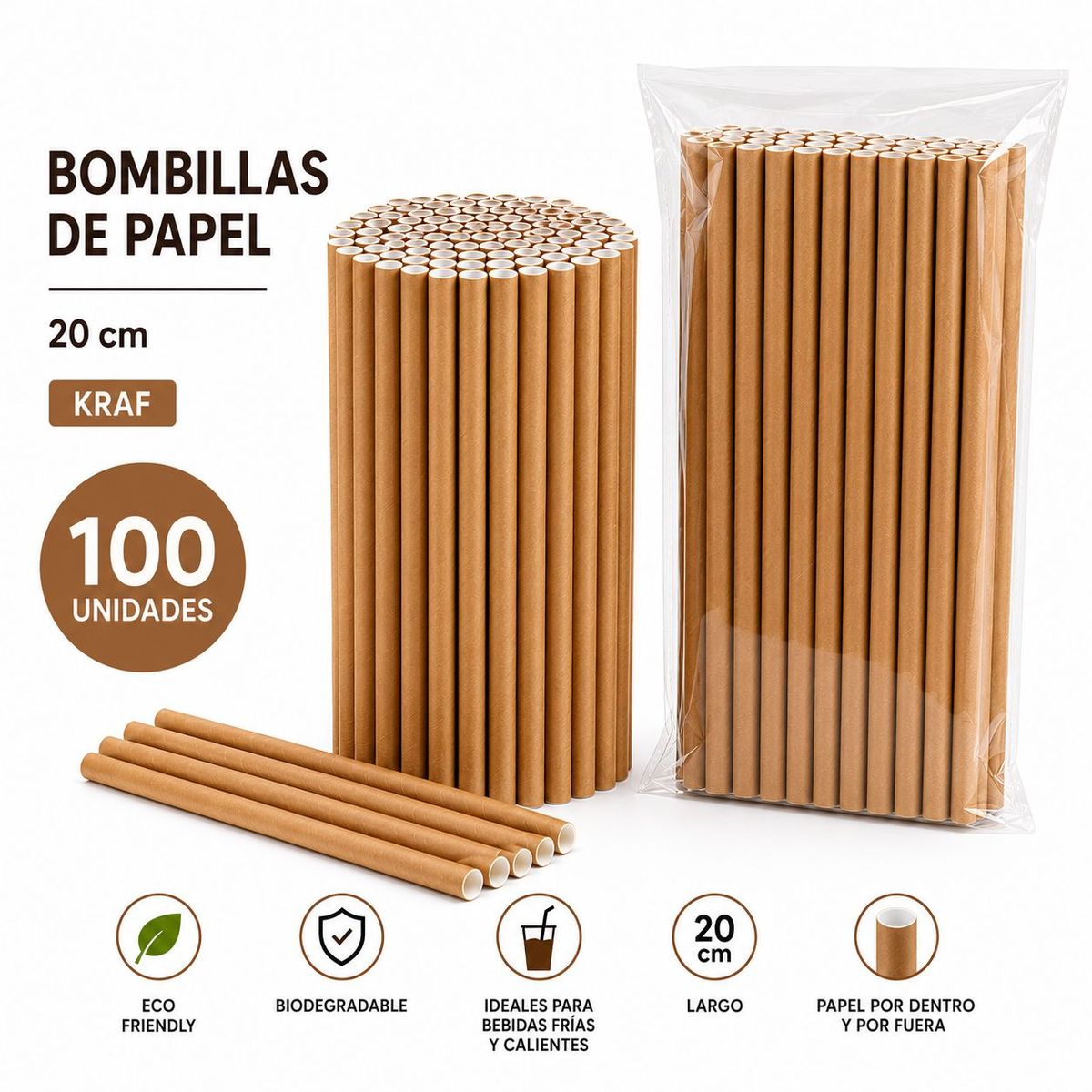 GENERICO - Pack 100 Bombilla De Papel Kraft Beige 20cm