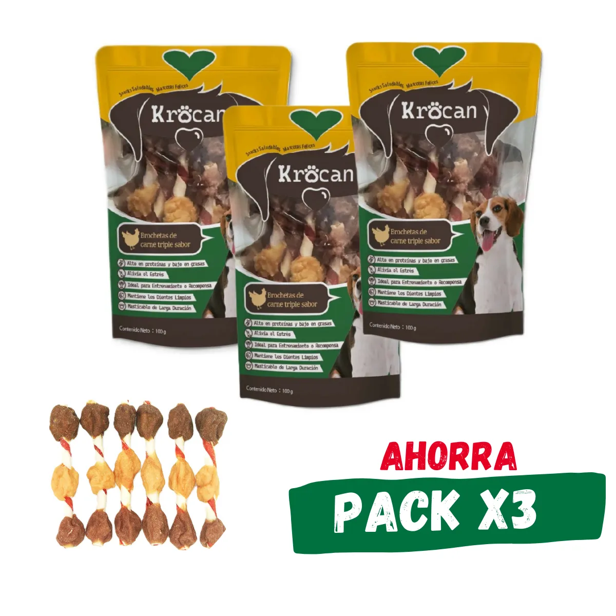 KROCAN - Snack Perro I Pack 3 Brochetas De Pato Pollo Vacuno 100gr I Krocan®