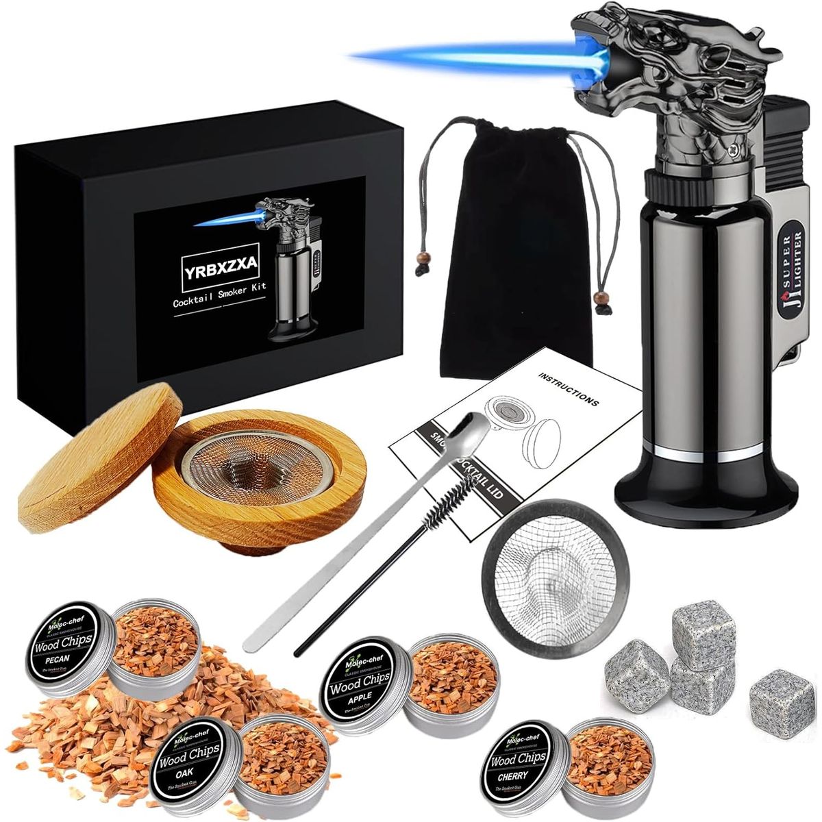 PUREPOWER - Set Ahumador para tragos,Ahumador de Whisky, Ahumador de Cocteles (sin Butano), con 6 Sabor Ahumado