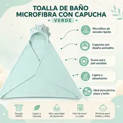 MAMBOBABY - Toalla Bebé Microfibra Secado Rápido con Capucha Animal Verde Playa Piscina Baño