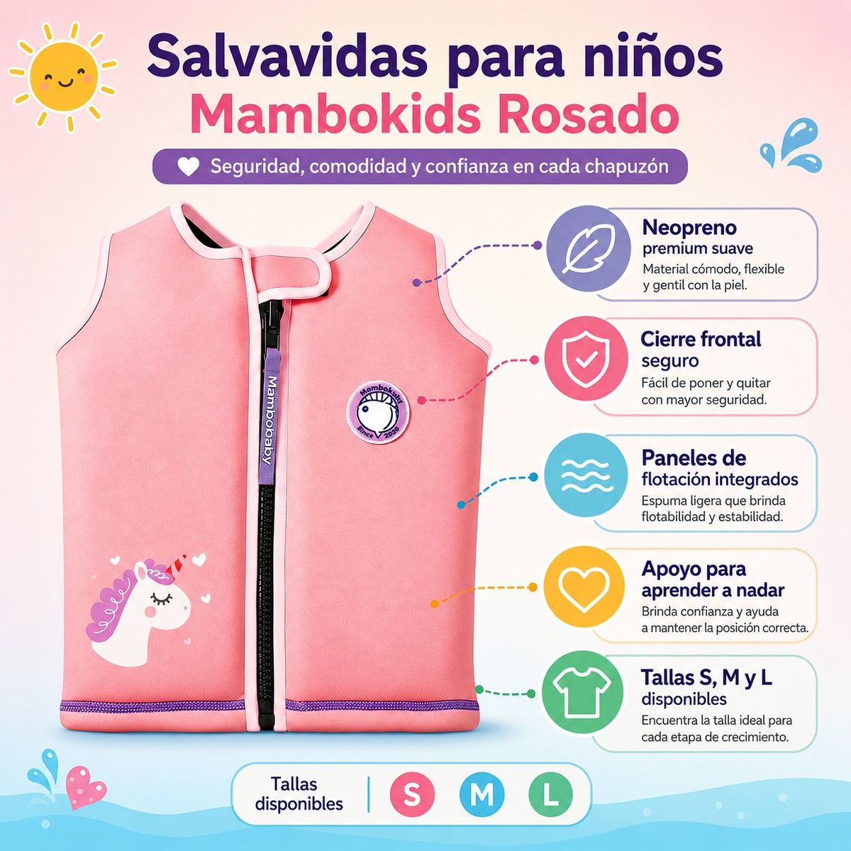 MAMBOBABY - Salvavidas de Natación Bebé Niña Mambobaby Rosado Neopreno con Flotación Integrada Talla M