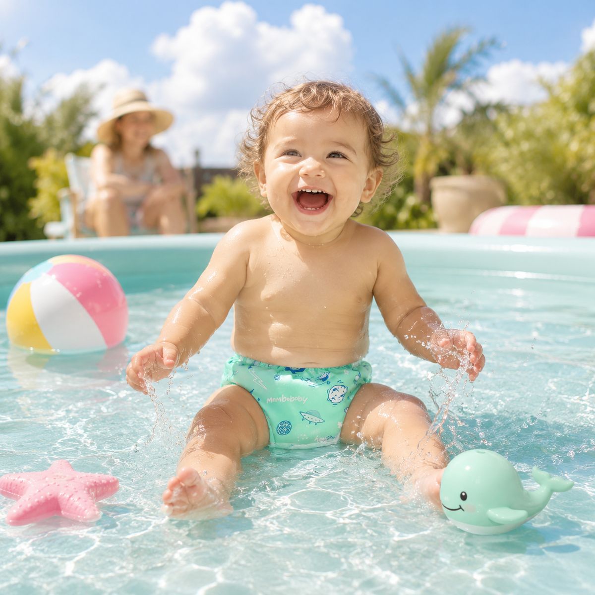 MAMBOBABY - Pañal de Natación Reutilizable Bebé Mambobaby Verde Estampado Ballenas Anti-Fugas