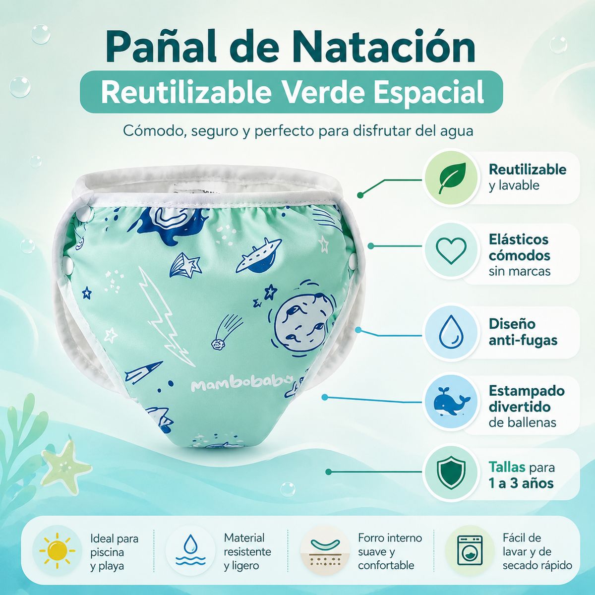 MAMBOBABY - Pañal de Natación Reutilizable Bebé Mambobaby Verde Estampado Ballenas Anti-Fugas
