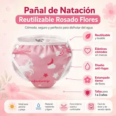 MAMBOBABY - Pañal de Natación Reutilizable Bebé Rosado Estampado Flores Anti-Fugas