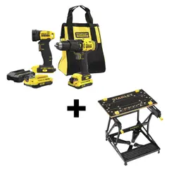 STANLEY - Kit taladro 20V + linterna + banco SCDL712D2S-BANCO