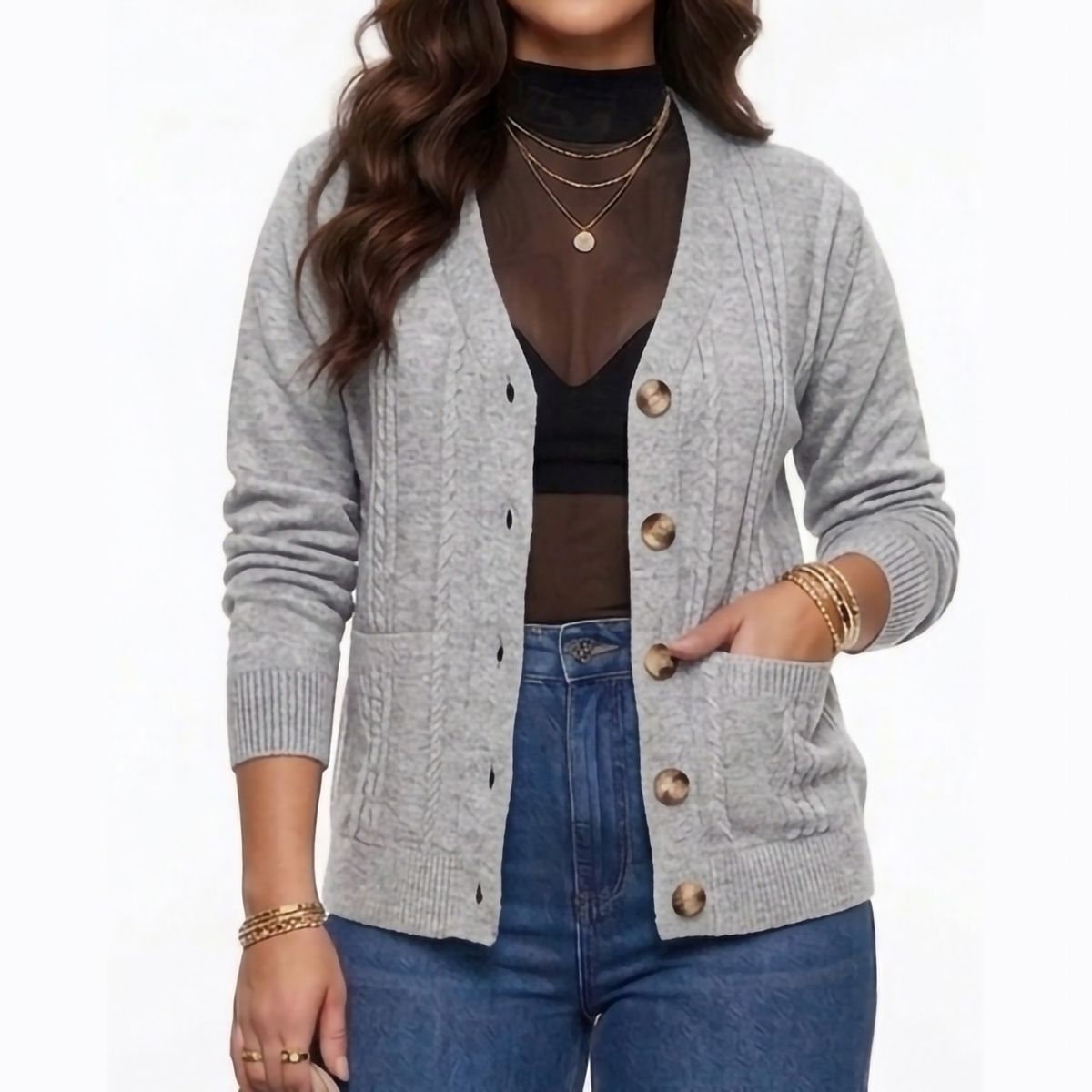 HIPSY SWIMWEAR - Cardigan Sweater Con Botones Bolsillos Chaleco Tejido Mujer