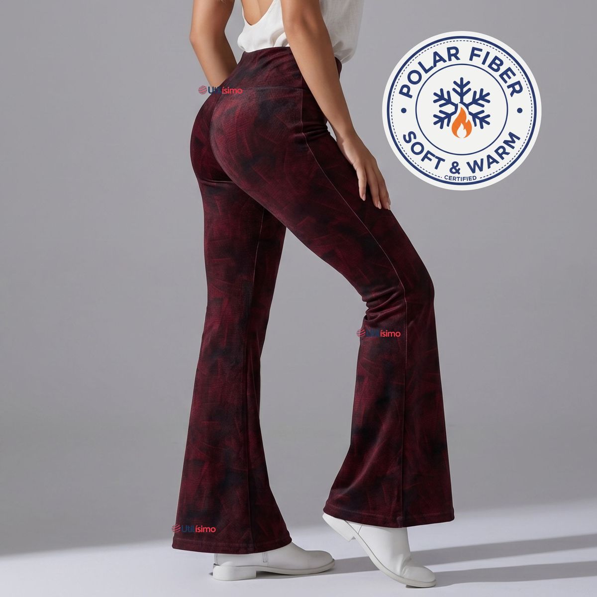 UTILISIMO - Pantalón Polar Con Chiporro Palazzo Mujer Calza Elasticada Térmica Burdeo