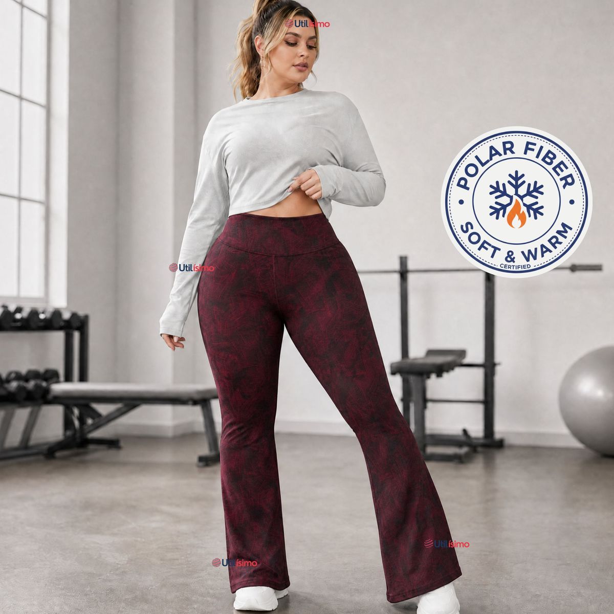 UTILISIMO - Pantalón Polar Con Chiporro Palazzo Mujer Calza Elasticada Térmica Burdeo