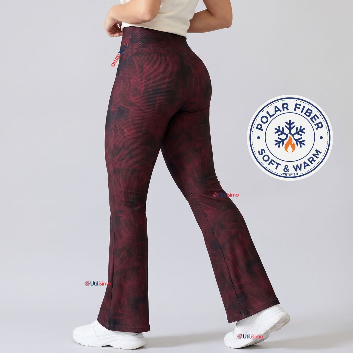 UTILISIMO - Pantalón Polar Con Chiporro Palazzo Mujer Calza Elasticada Térmica Burdeo