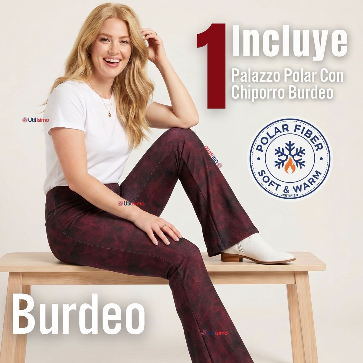 UTILISIMO - Pantalón Polar Con Chiporro Palazzo Mujer Calza Elasticada Térmica Burdeo