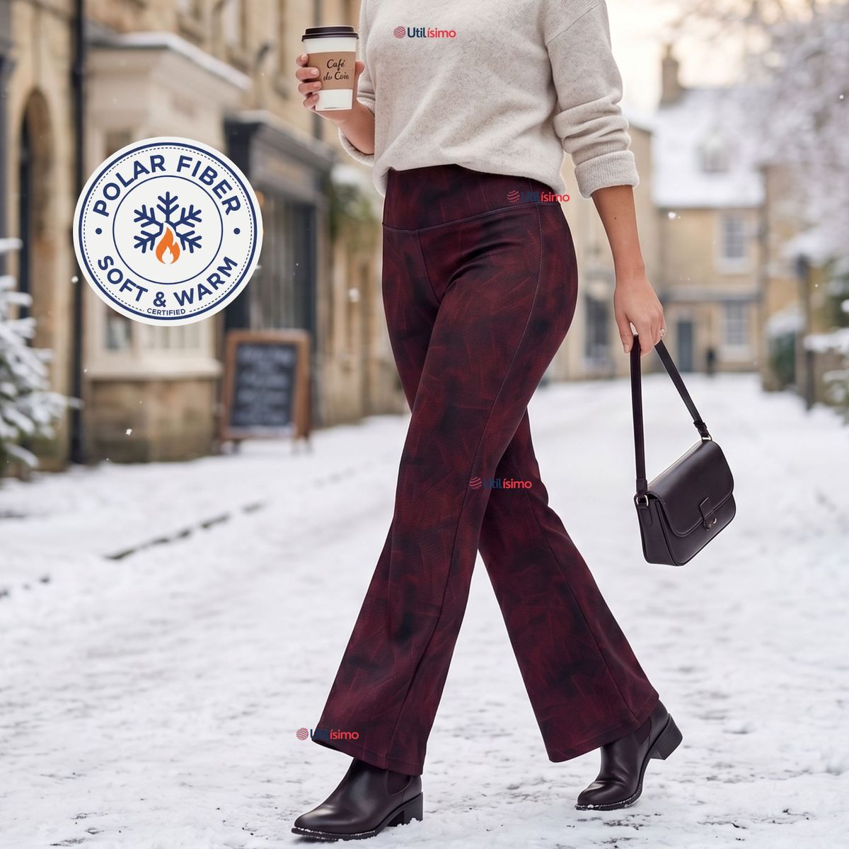 UTILISIMO - Pantalón Polar Con Chiporro Palazzo Mujer Calza Elasticada Térmica Burdeo