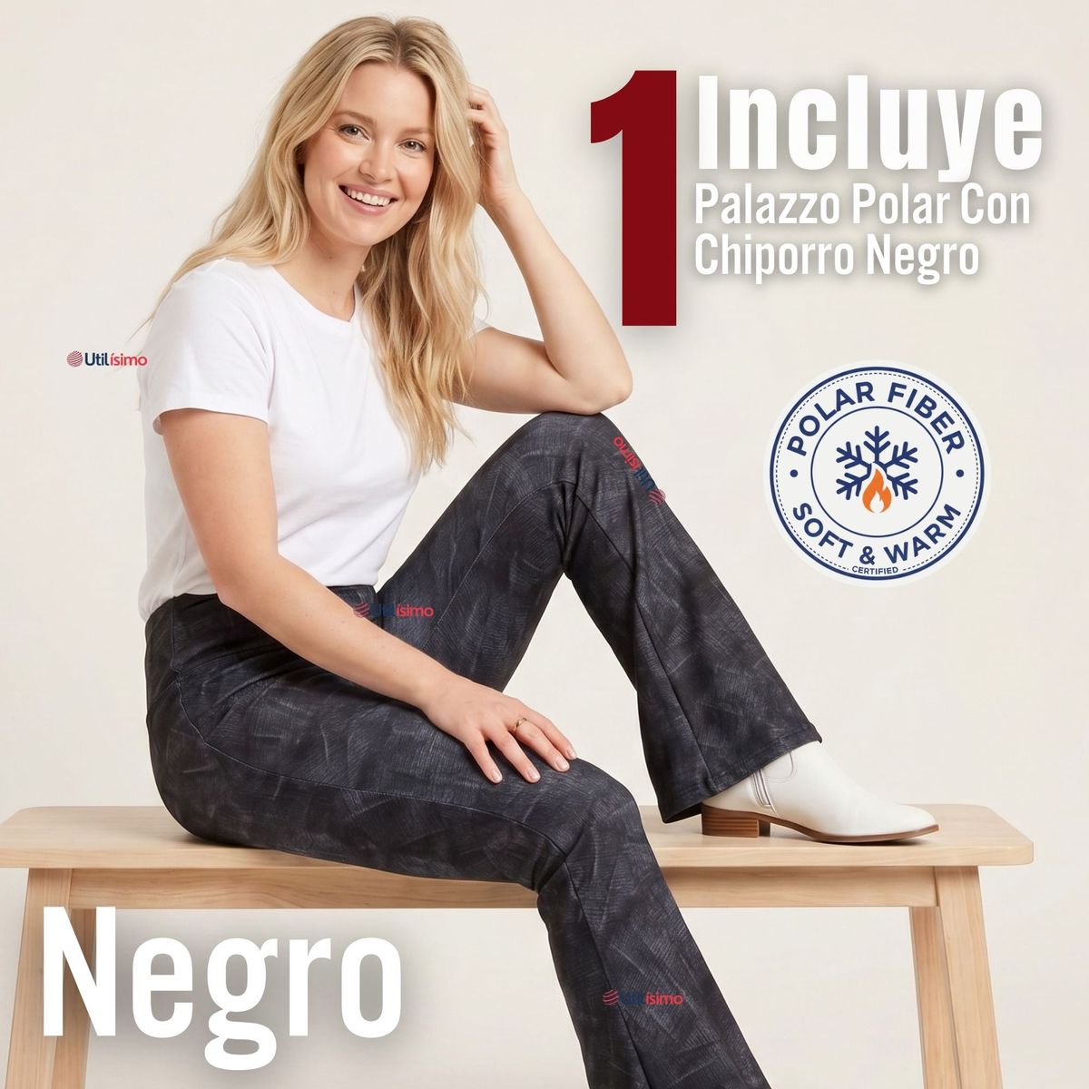 UTILISIMO - Pantalón Polar Con Chiporro Palazzo Mujer Calza Elasticada Térmica Negra