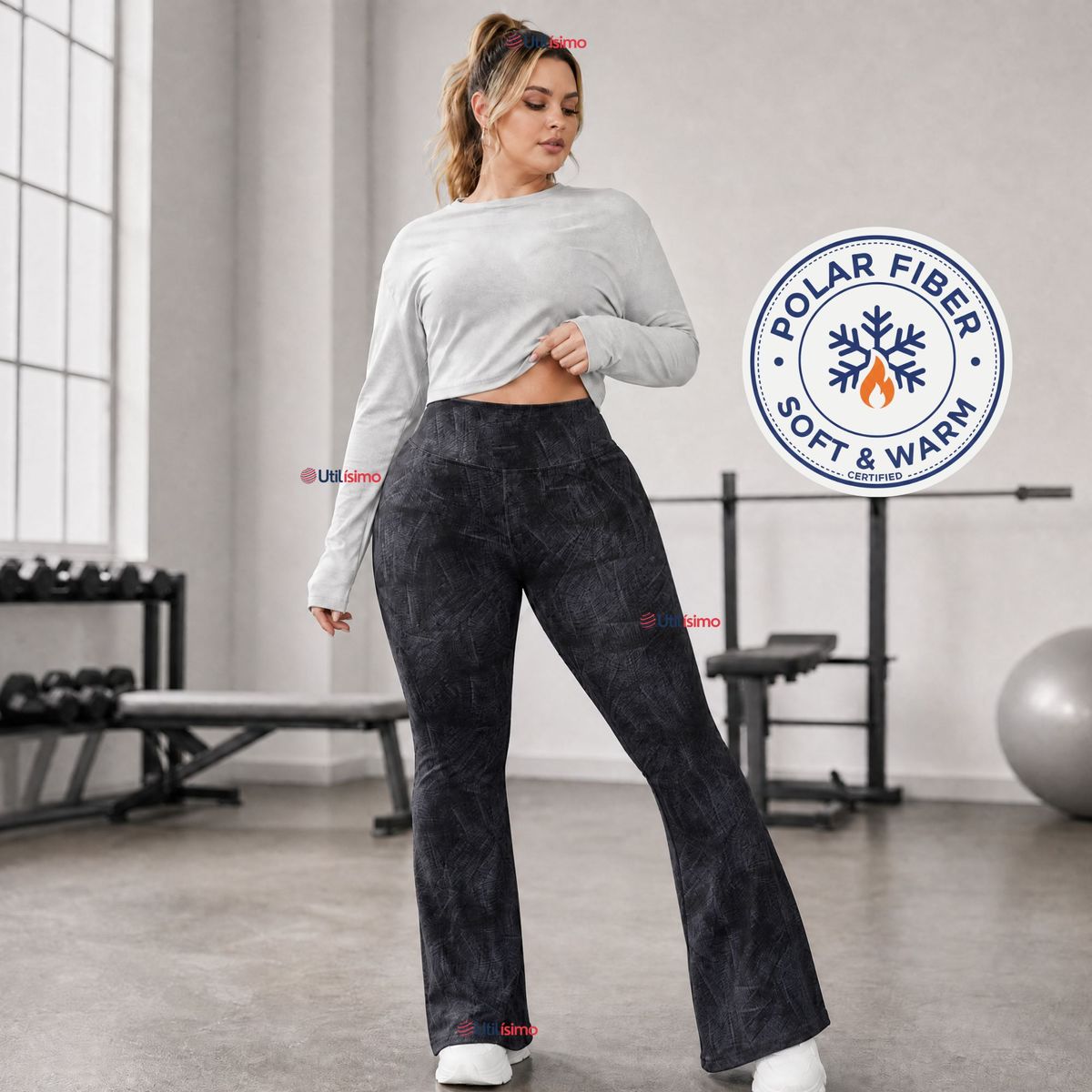 UTILISIMO - Pantalón Polar Con Chiporro Palazzo Mujer Calza Elasticada Térmica Negra