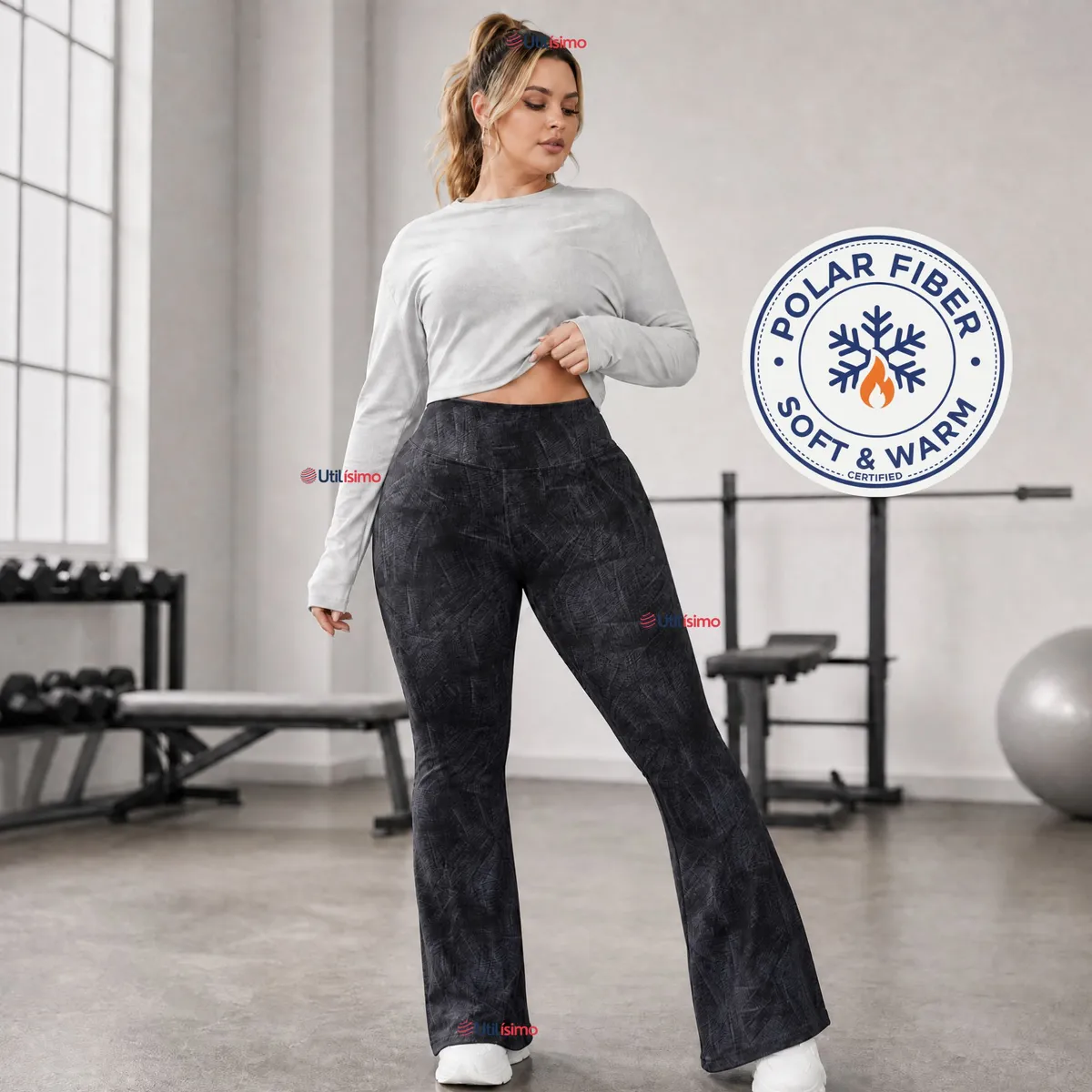 UTILISIMO - Pantalón Polar Con Chiporro Palazzo Mujer Calza Elasticada Térmica Negra