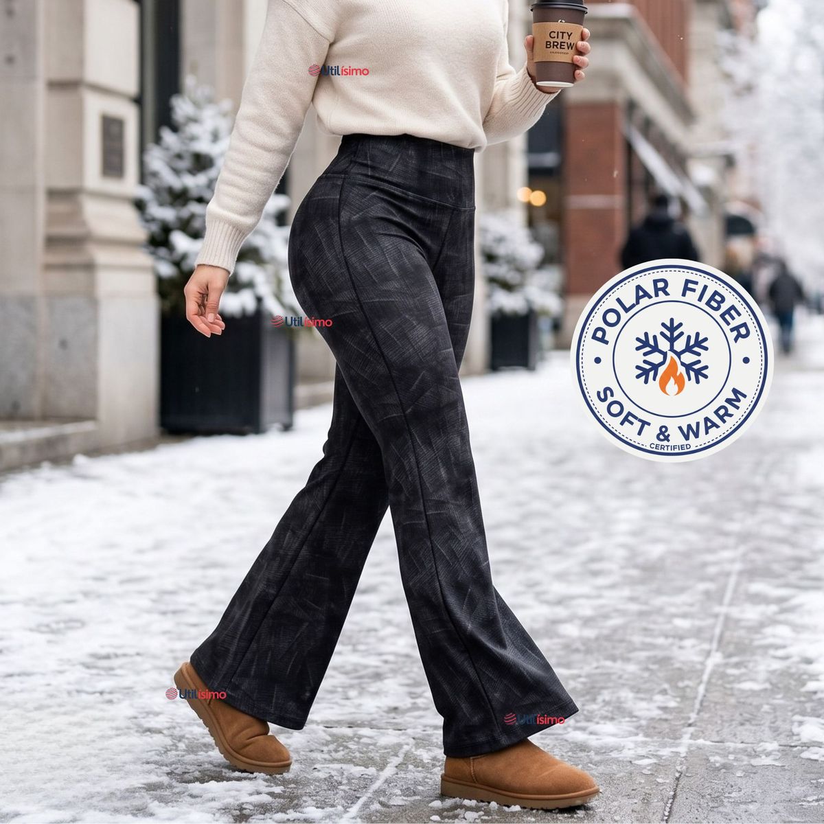 UTILISIMO - Pantalón Polar Con Chiporro Palazzo Mujer Calza Elasticada Térmica Negra