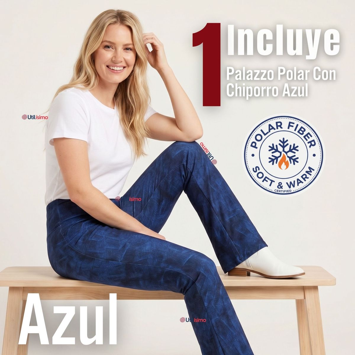 UTILISIMO - Pantalón Polar Con Chiporro Palazzo Mujer Calza Elasticada Térmica Azul