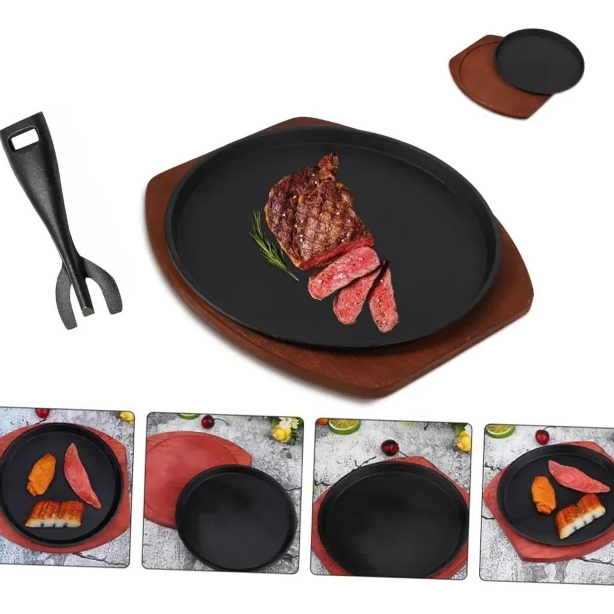 KUANGYE - Pack 2 Plancha Plato Fierro Fundido 21cm Base Madera+1 Pinza