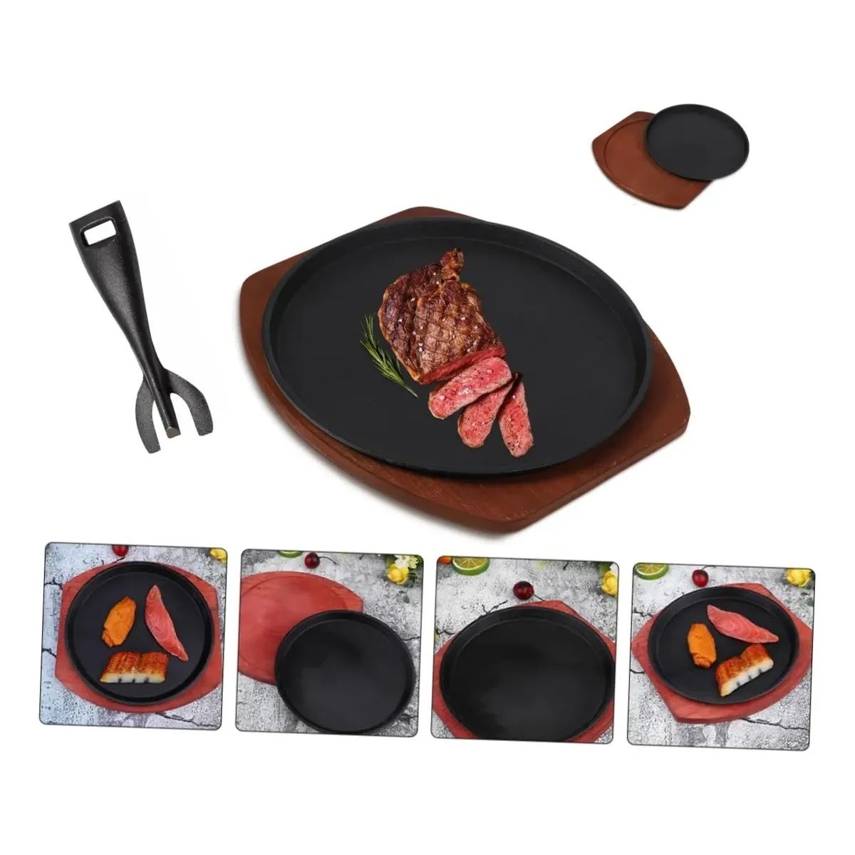 KUANGYE - Pack 2 Plancha Plato Fierro Fundido 21cm Base Madera+1 Pinza