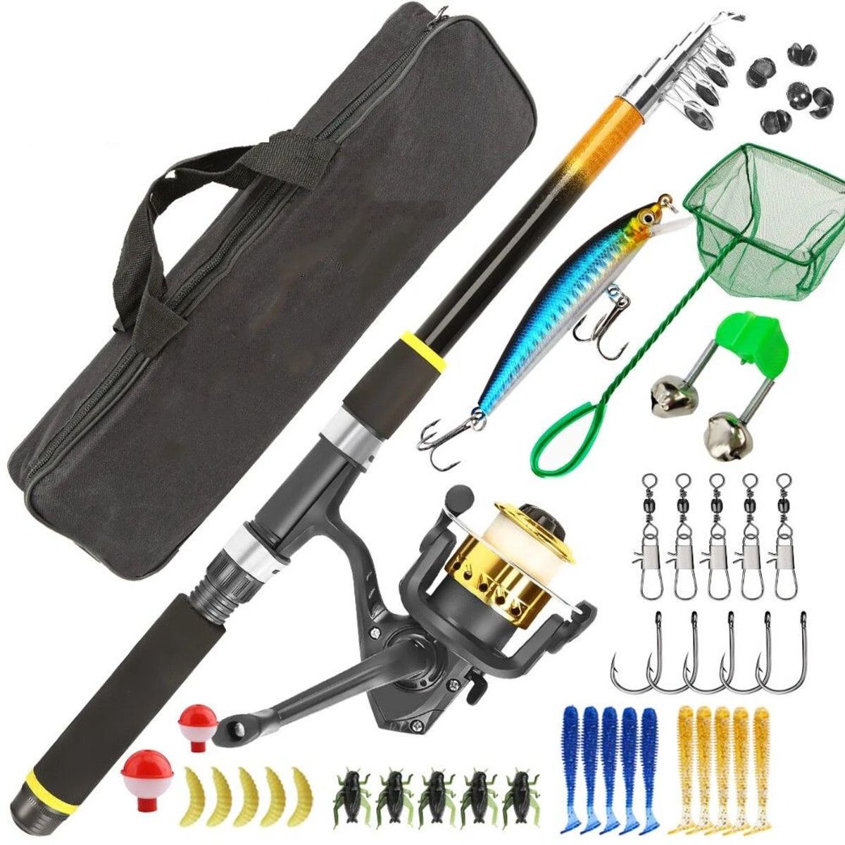 GENERICO - Kit Pesca Caña Carrete Señuelo Accesorio Bolsa Completo 21m