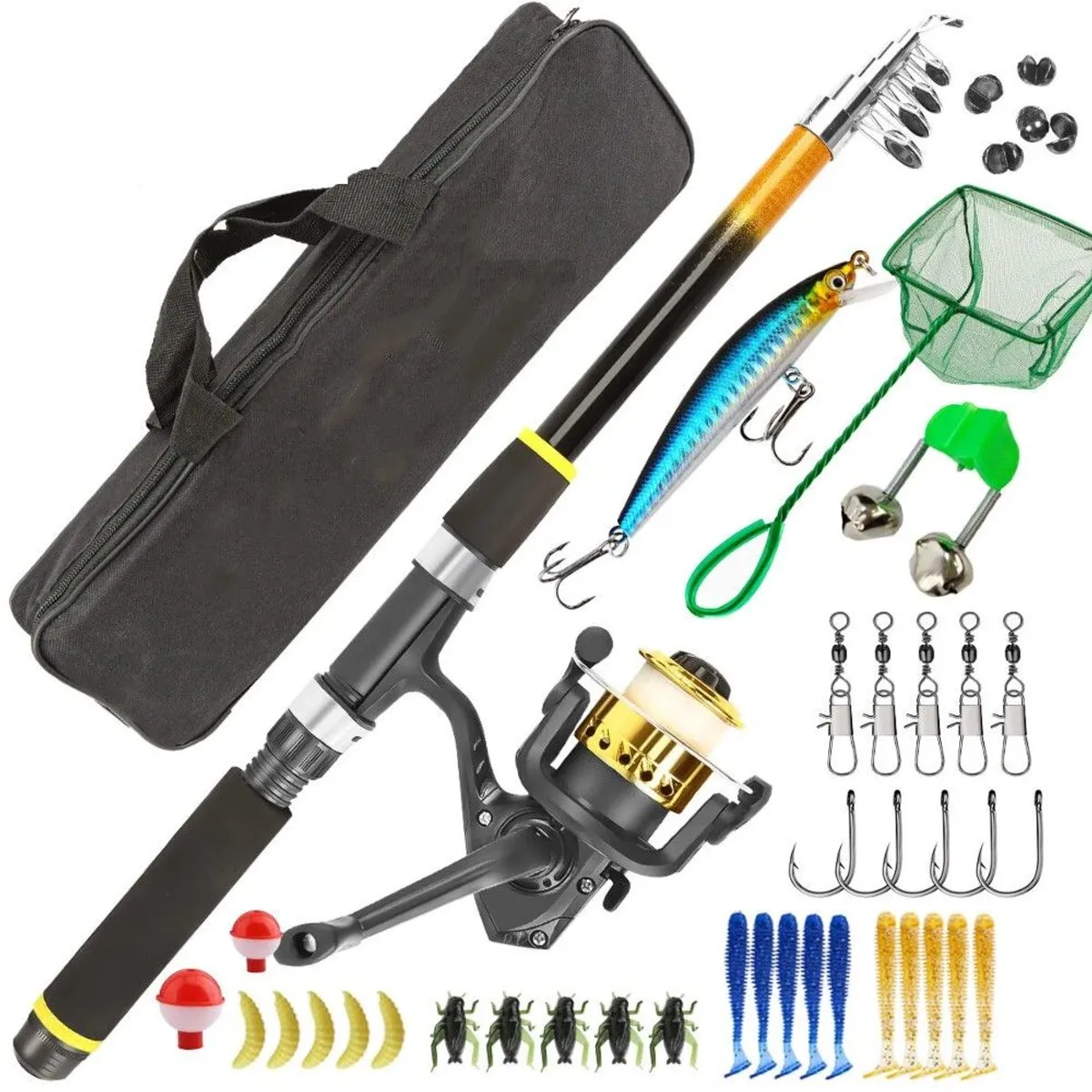GENERICO - Kit Pesca Caña Carrete Señuelo Accesorio Bolsa Completo 21m