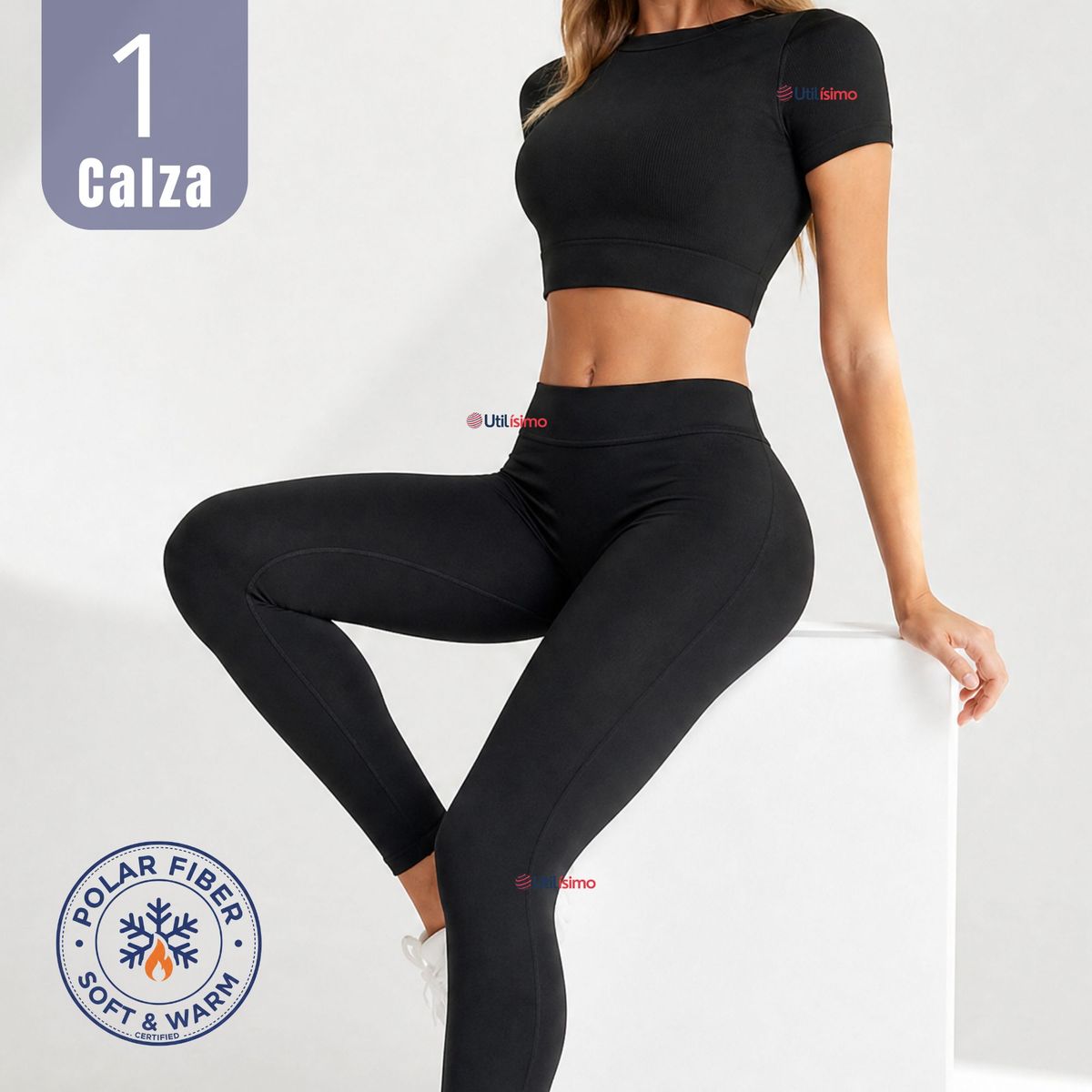 UTILISIMO - Calza Pantalón Lola Polar Térmica Sin Costura Tiro Alto Elasticada Negra