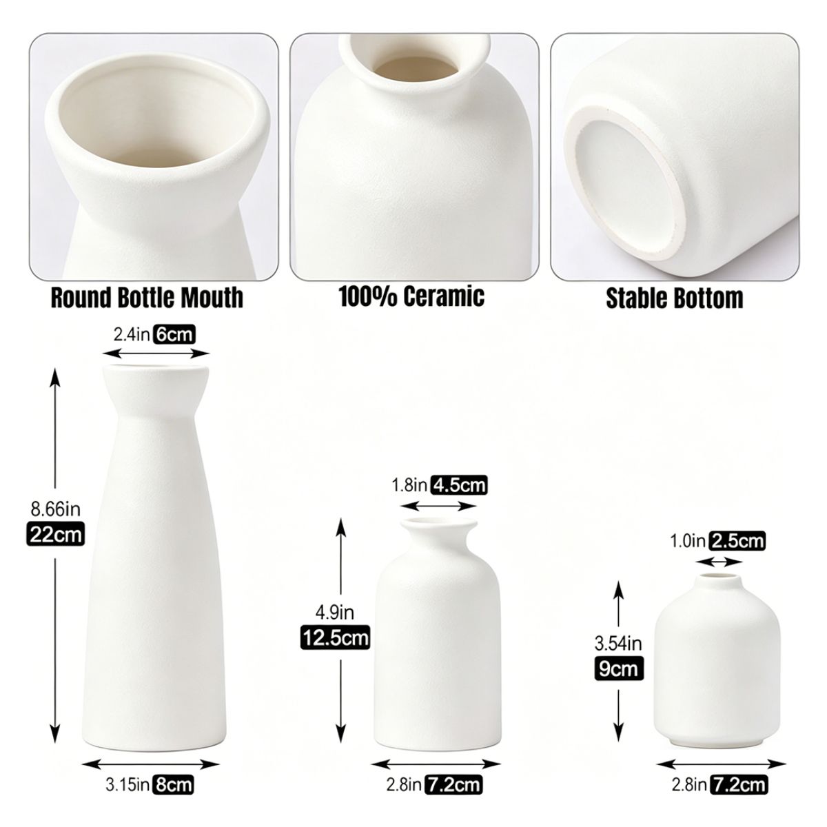 ATURE - 3pcs Floreros Jarron Cerámica Decorativos Para Mesa Oficina
