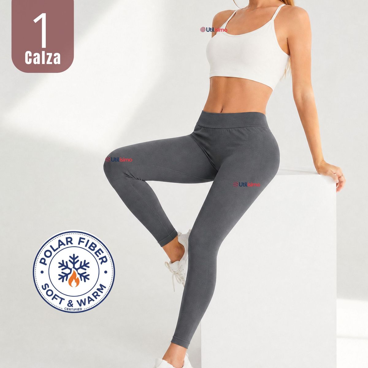 UTILISIMO - Calza Pantalón Lola Polar Térmica Sin Costura Tiro Alto Elasticada Gris