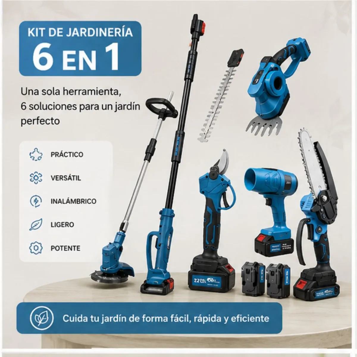 MOVI - KIT DE JARDINERIA 6 EN 1, ORILLADORA, TIJERA, MINI MOTO SIERRA, SOPLADORA, 2 CORTA SETOS Y BRAZO TELESCOPICO