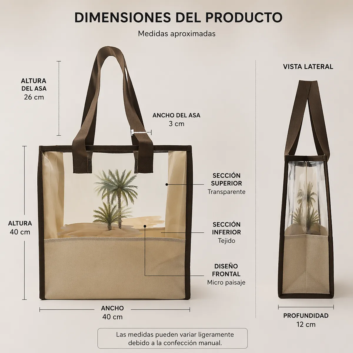 GENERICO - Bolsa Tote Transparente con Diseño de Palmeras, 40x40cm, BeigeCamel