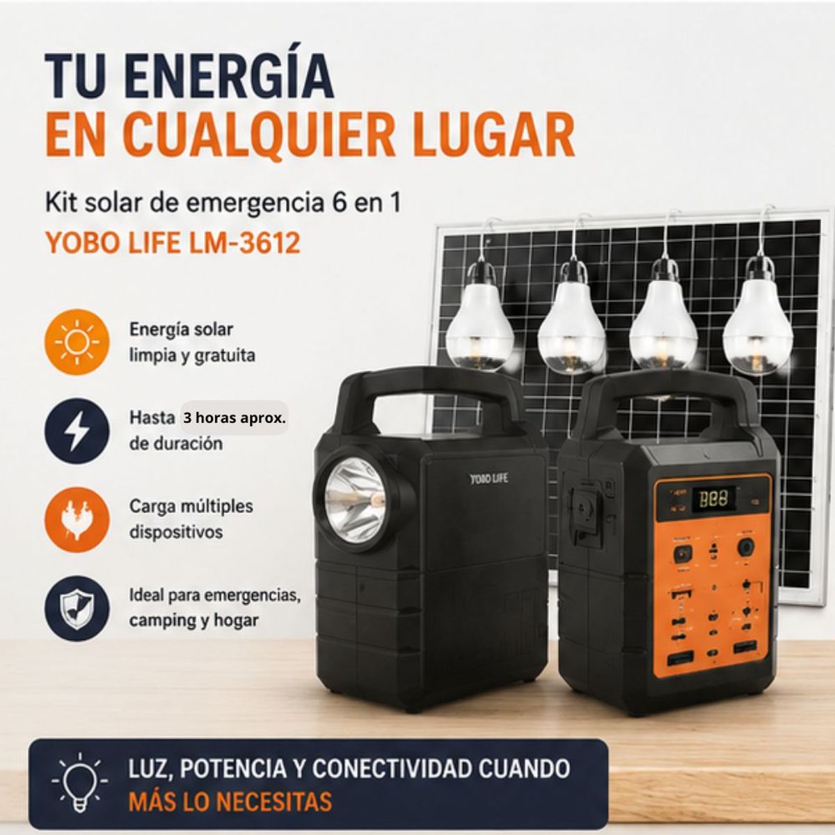 MOVI - KIT SOLAR DE EMERGENCIA  DE LARGA DURACION CON 4 AMPOLLETAS LED