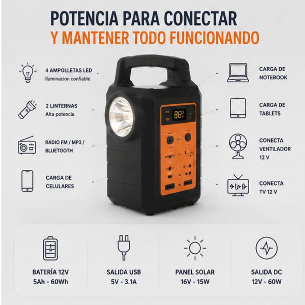 MOVI - KIT SOLAR DE EMERGENCIA  DE LARGA DURACION CON 4 AMPOLLETAS LED