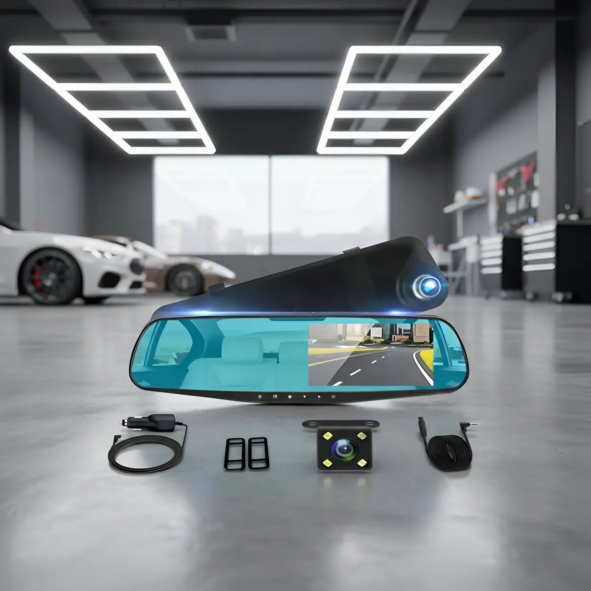 IRM - Espejo Retrovisor Con Camara Frontal Y Retroceso Pantalla LCD Grabador Dashcam Vehicular Kit