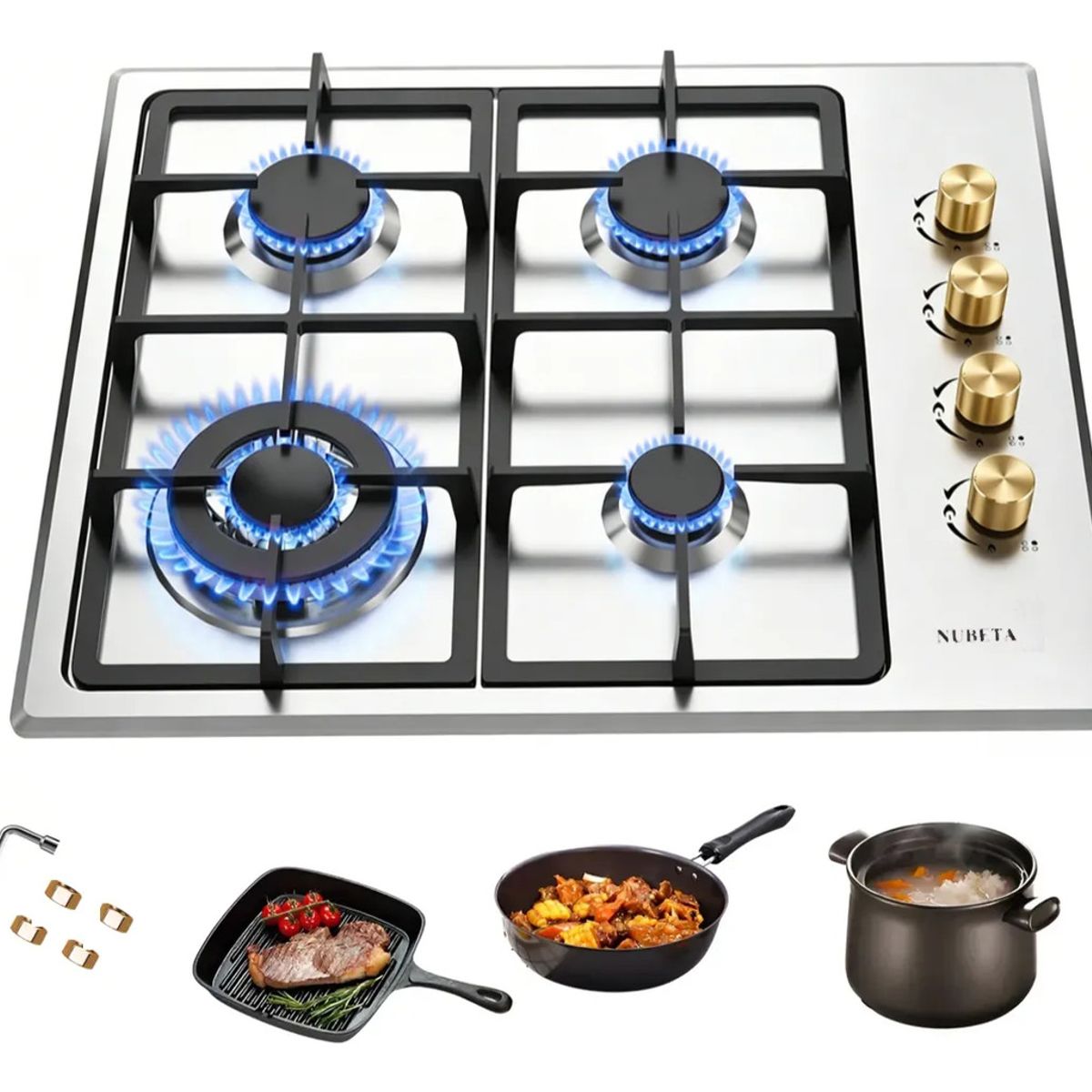 EVERSO - Cocina Encimera A Gas Placa Templado 4 Platos Acero Inoxida
