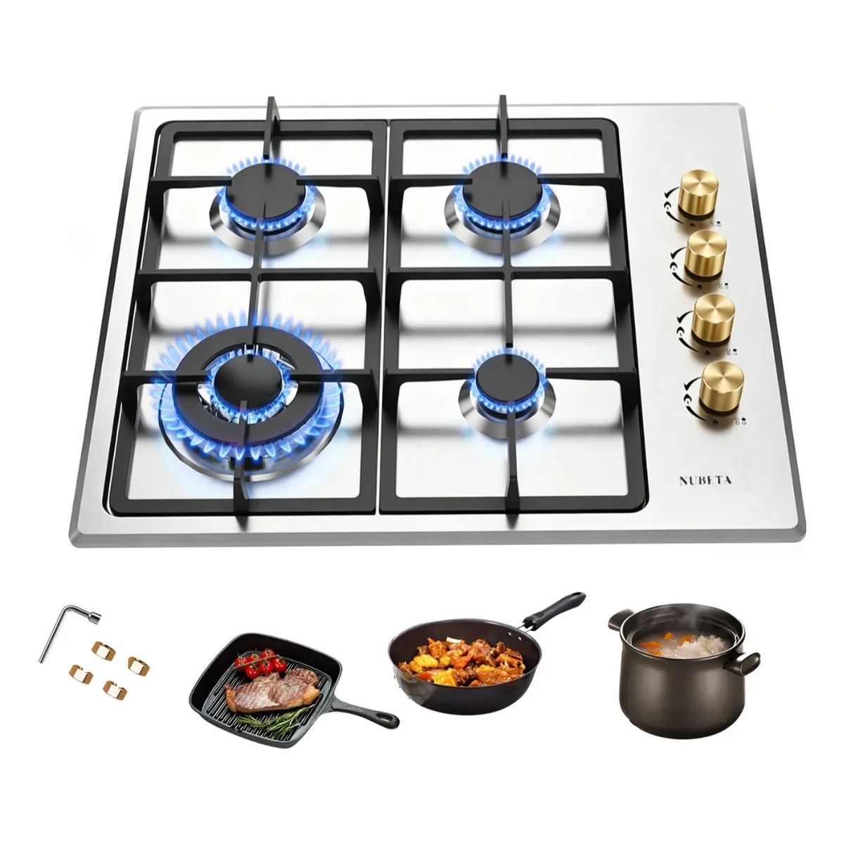EVERSO - Cocina Encimera A Gas Placa Templado 4 Platos Acero Inoxida