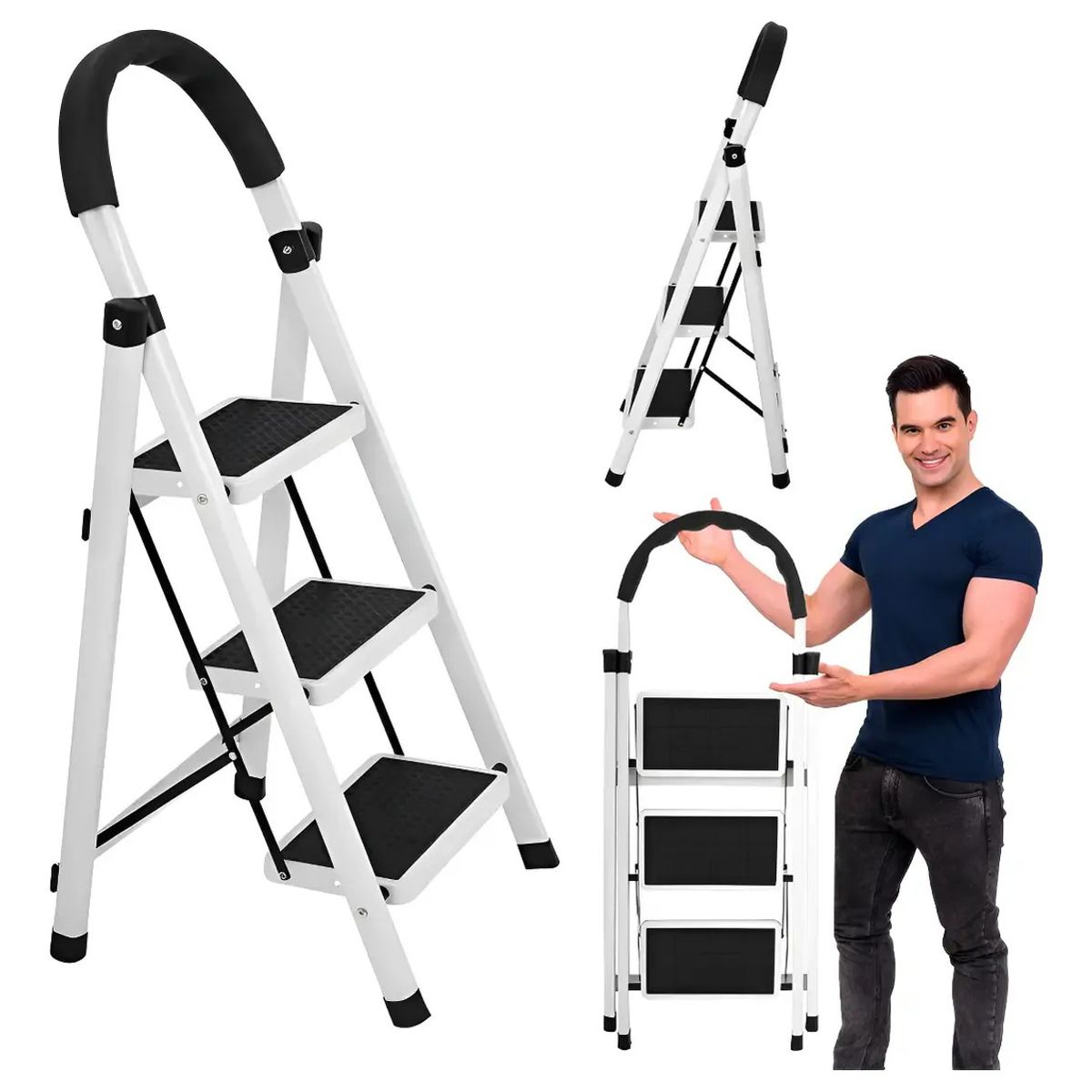 EVERSO - Escalera 3 Peldaños Plegable Multiposiciones Acero Inoxidabl