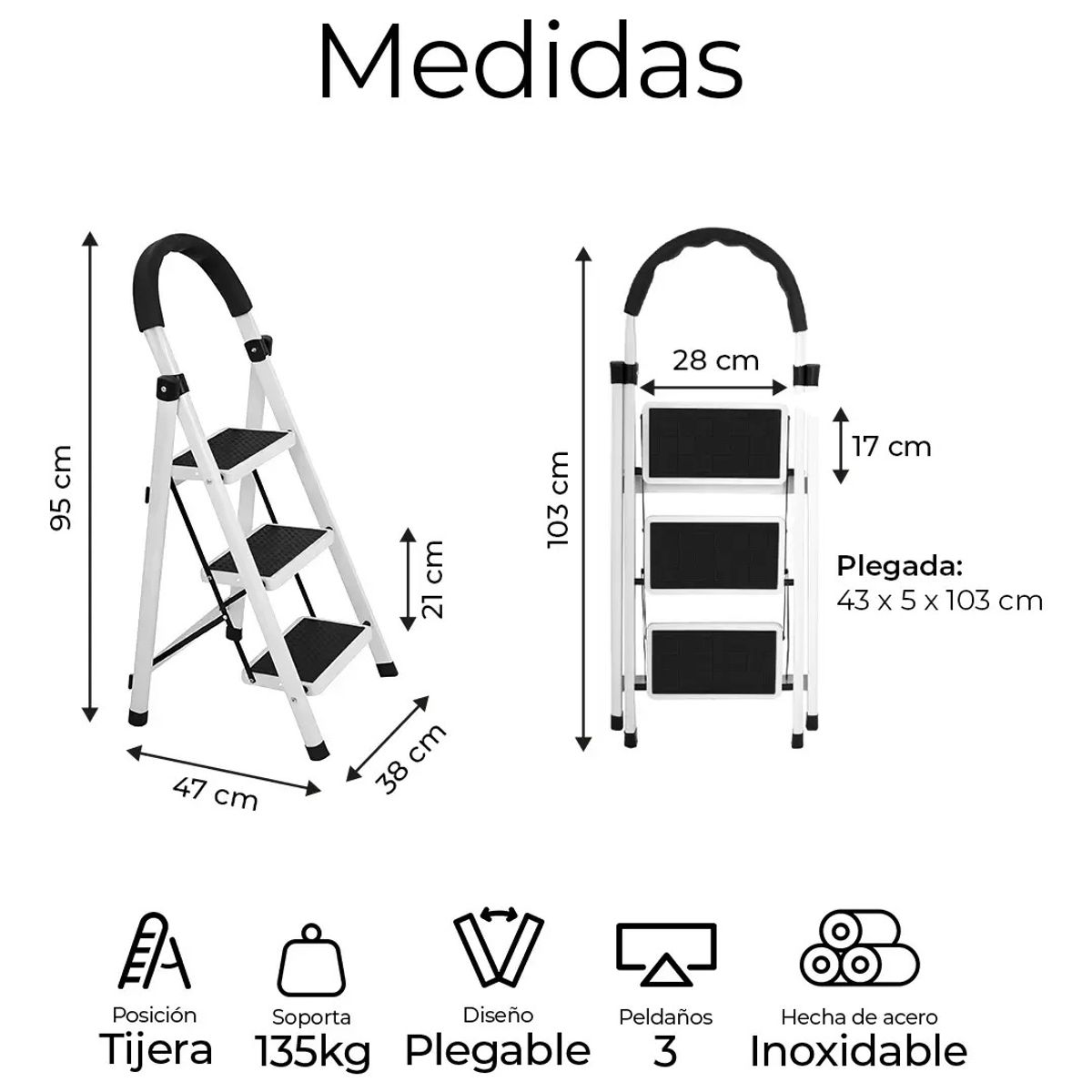 EVERSO - Escalera 3 Peldaños Plegable Multiposiciones Acero Inoxidabl